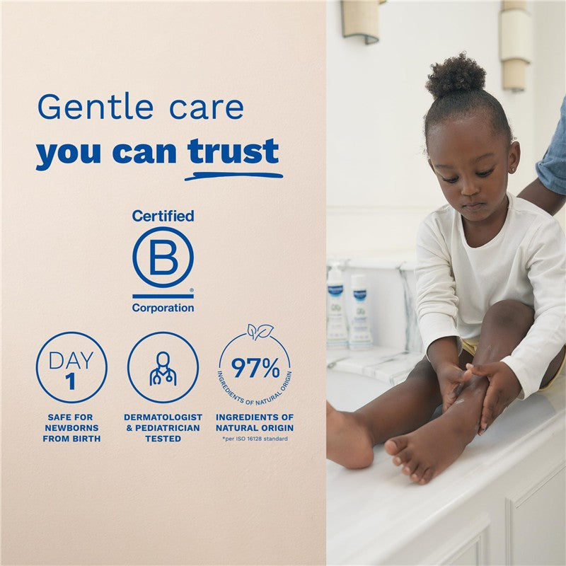 Mustela Hydra Bébé Body Lotion displayed with a child applying it to their legs; highlights trusted care, safety, and natural ingredients.
