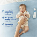 Mustela Hydra Bébé Body Lotion bottle next to a baby with a caregiver applying lotion, highlighting moisturizing benefits.