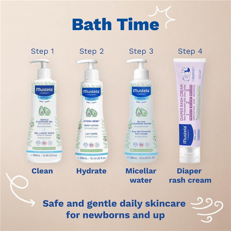 Mustela Hydra Bébé Body Lotion 25.35 fl oz among other baby skincare products with steps for bath time routine.