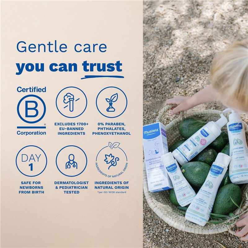 Mustela Newborn Arrival 5-Piece Gift Set with various skincare products in a basket, emphasizing gentle care for newborns.