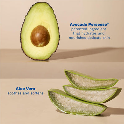 Avocado halves with a visible pit and sliced aloe vera leaves, highlighting ingredients for skin hydration and soothing.
