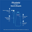 Instructions for recycling Mustela No-Rinse Cleansing Water bottle, featuring steps for disposing of its components on a blue background.