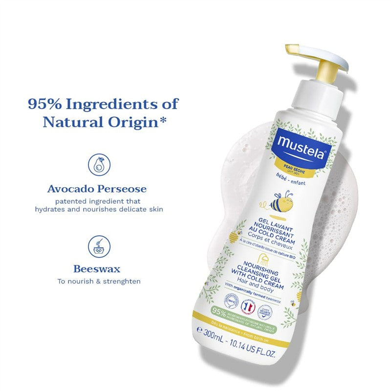Mustela Hair Styler & Skin Freshener bottle, featuring natural ingredients like Avocado Perseose and Beeswax, 6.76 fl oz.