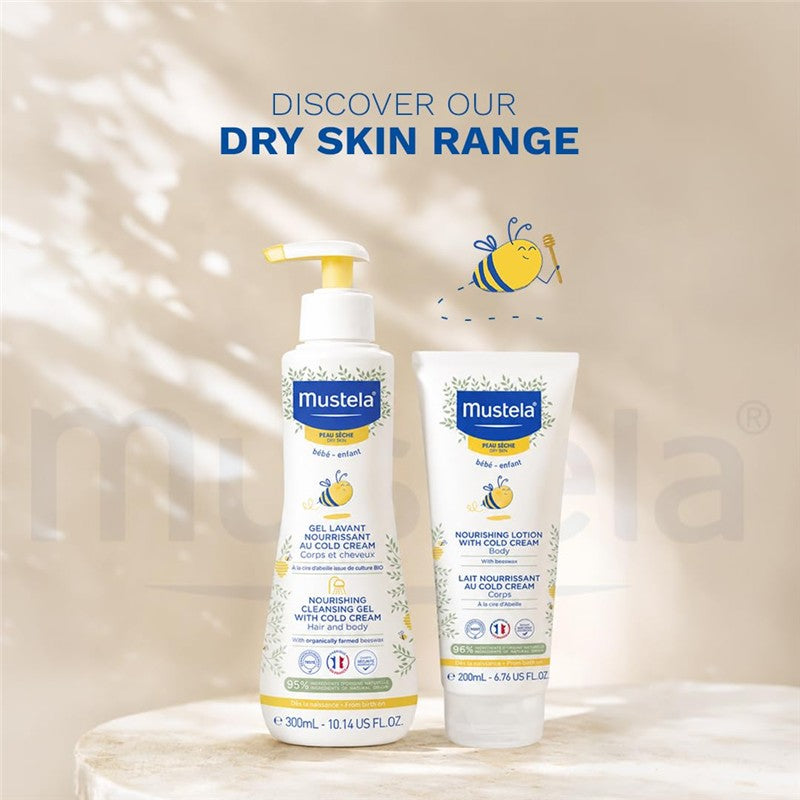 Mustela nourishing cleansing gel with cold cream and lotion for dry skin in a light setting, featuring playful bee graphics.