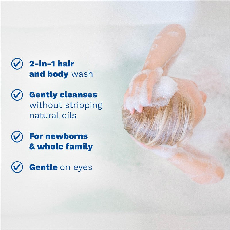 Mustela Organic Cleansing Gel bottle with text highlighting its uses for hair and body, gentle cleansing, and suitability for newborns.