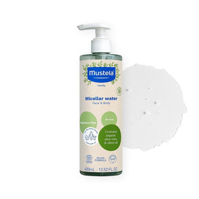 Mustela Organic Micellar Water for Face & Body with a pump dispenser and product swatch.