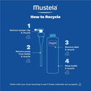 Mustela recycling instructions for their Organic Micellar Water bottle, with steps for tamper clip, pump, label removal, and rinsing.