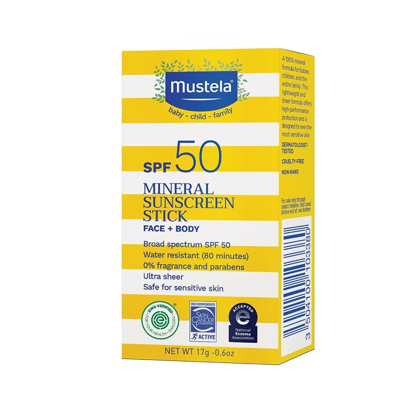Mustela SPF 50 Mineral Sunscreen Stick for face and body, 0.6 oz, broad spectrum, water resistant for 80 minutes.