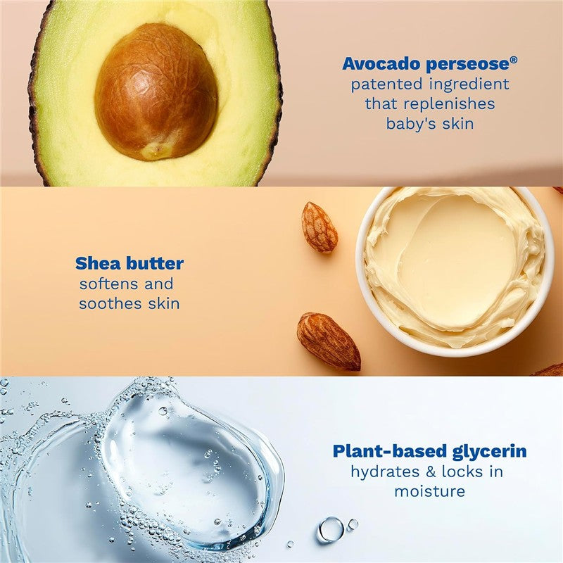 Avocado half, shea butter in a bowl, and droplets of water with text highlighting ingredients for Mustela Stelatopia Cleansing Gel.