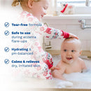 Mustela Stelatopia Cleansing Gel displayed with two children in a bath. Highlights tear-free, hydrating, and eczema-safe features.