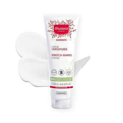 Maternity Stretch Marks Cream by Mustela in a 250ml tube, featuring natural ingredients and safety certifications.