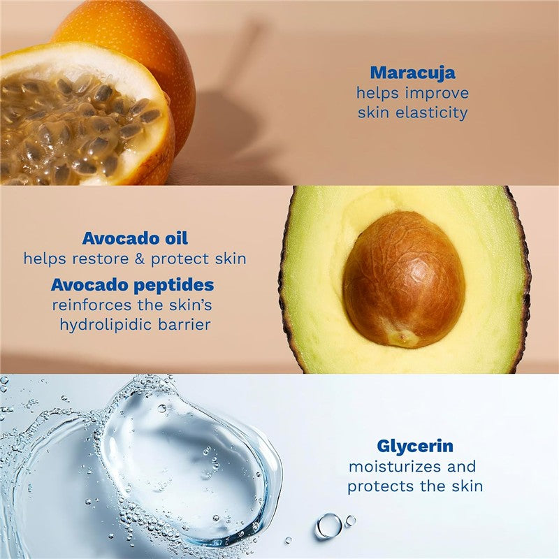 Main ingredients of Mustela Stretch Marks Cream with benefits: Maracuja for skin elasticity, avocado oil for restoration, and glycerin for moisture.