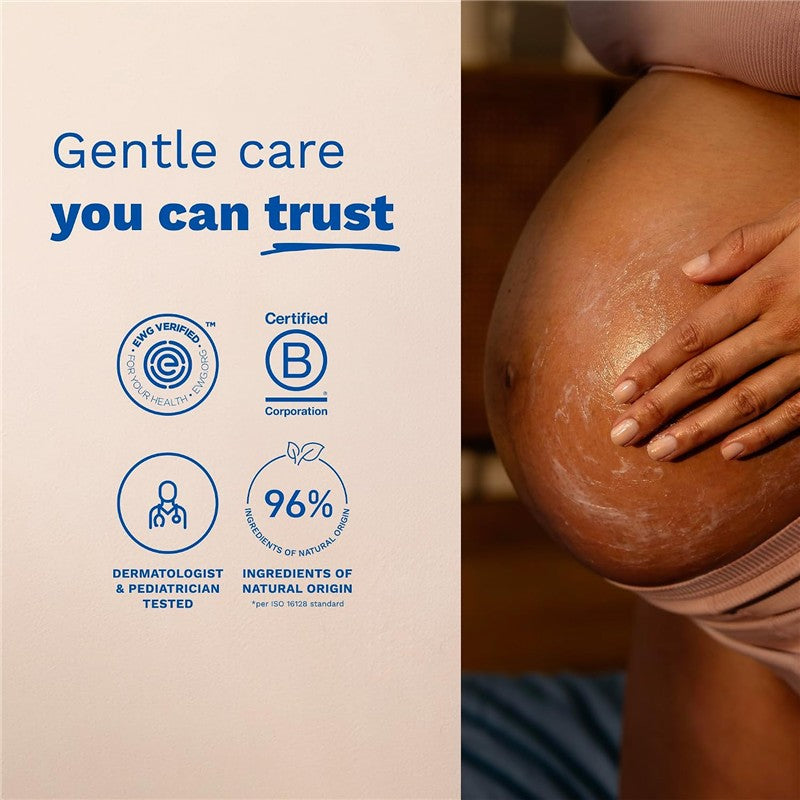 Mustela Stretch Marks Cream 3 in 1 label featuring a hand applying cream to a pregnant belly, highlighting gentle care and natural ingredients.
