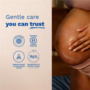 Mustela Stretch Marks Cream 3 in 1 label featuring a hand applying cream to a pregnant belly, highlighting gentle care and natural ingredients.