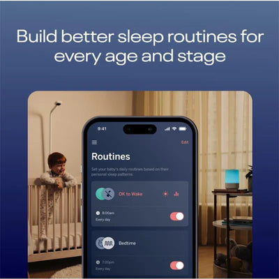 Nanit smart baby night light and sound machine displayed with a phone showing sleep routine settings; child in crib.