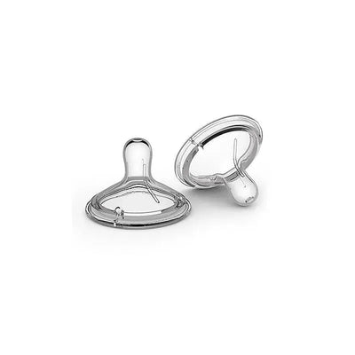 Two transparent double-vented nipples designed for fast flow, suitable for baby bottles.