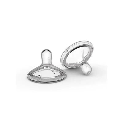 Two transparent NanoBebe 360° double vented nipples, designed for slow flow for baby bottles.