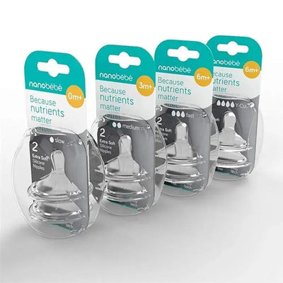 NanoBebe 2-Pack 360° Double Vented Nipples in slow, medium, and fast flow options, featuring extra soft silicone for infants.