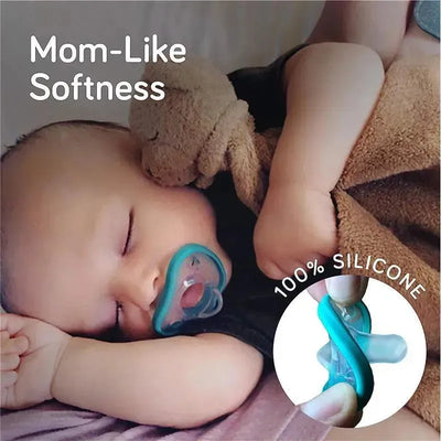 Pink NanoBebe 2-Pack Flexy Pacifiers being held by a sleeping baby, highlighting mom-like softness and 100% silicone material.