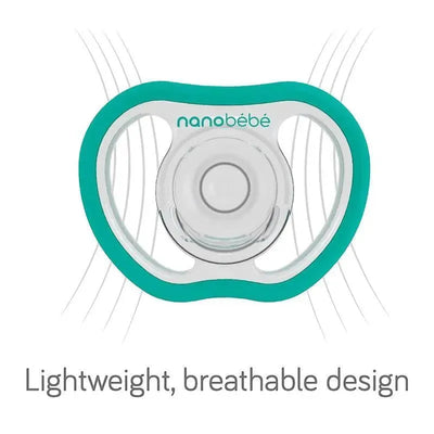 Black and gray Nanobebe Flexy Active baby pacifier featuring a breathable design, labeled as lightweight.