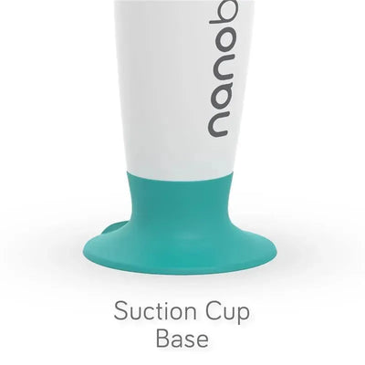 Electric bottle cleaning brush by Nanobebe with a turquoise suction cup base, designed for easy use and stability.
