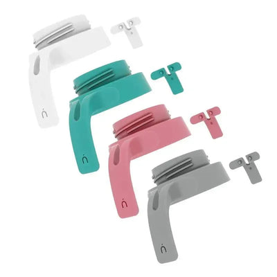 Quick Snap Handle Sets for Flexy Silicone Baby Bottle in white, teal, pink, and gray; includes two handles and two clips.