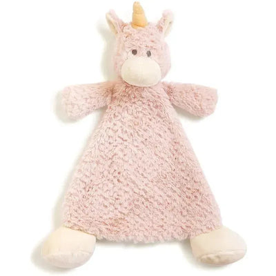 Soft pink unicorn rattle baby lovey with plush texture, a small golden horn, and a friendly face, ideal for comforting infants.