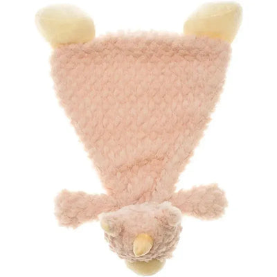 Soft pink unicorn rattle lovey with textured fabric, yellow ears, and plush head, designed as a baby security blanket.