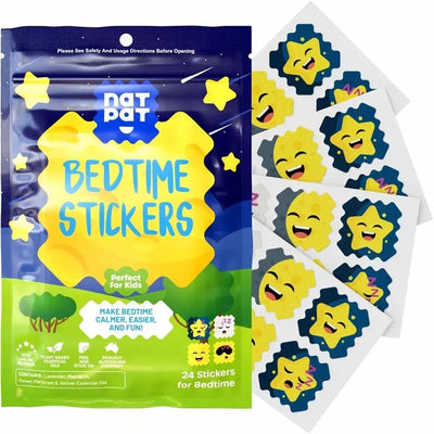 Natpat Sleepypatch Bedtime Stickers packaging with colorful stars and smiling faces, promoting calming bedtime for kids.