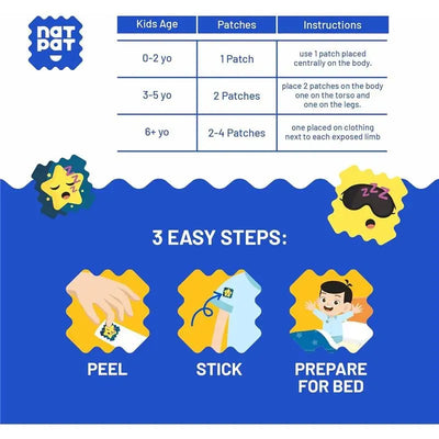 Natpat Sleepypatch instructions for kids, showing patch application steps and age guidelines.