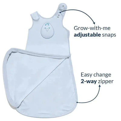 Powder blue Zen Sack Classic with adjustable snaps and a two-way zipper for easy changes, featuring a sleeper design.