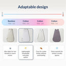 Nested Bean Zen Sack Classic in Stardust Grey for infants, showcasing adaptable design options and temperature ratings.