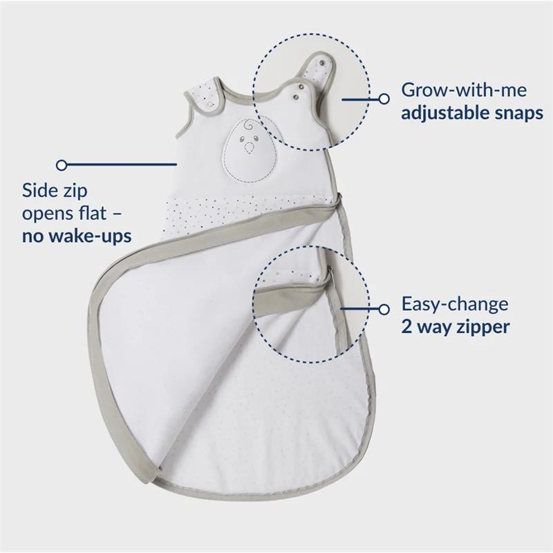 Nested Bean Zen Sack Classic in Stardust Grey, featuring adjustable snaps, a side zip that opens flat, and a two-way zipper for easy changes.
