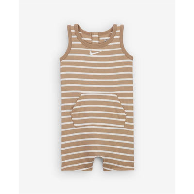 Short-sleeve striped romper in beige and white with a front pocket and Nike logo on the chest.