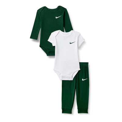 Nike 3Pk Essentials Bodysuit & Pants Set featuring a long-sleeve green bodysuit, short-sleeve white bodysuit, and green pants.