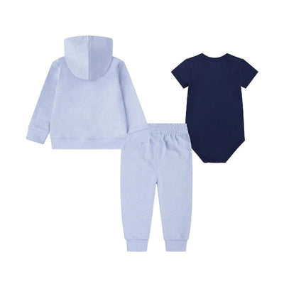 Nike Baby 3Pk Bodysuit Pant Set in cobalt bliss heather includes a light blue hoodie, matching pants, and a navy bodysuit.