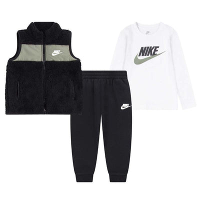 Nike baby long sleeve t-shirt, black vest, and jogger pants set with visible logo details.