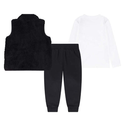 Nike Baby Club set featuring a black fuzzy vest, a white long sleeve t-shirt, and black jogger pants.