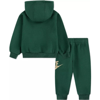Nike baby set featuring a green hoodie with a kangaroo pocket and matching pants, both adorned with a gold logo.