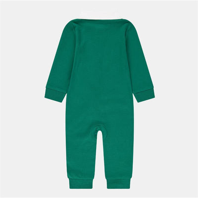 Long-sleeve baby coverall in malachite green with ribbed cuffs and back opening for easy dressing.