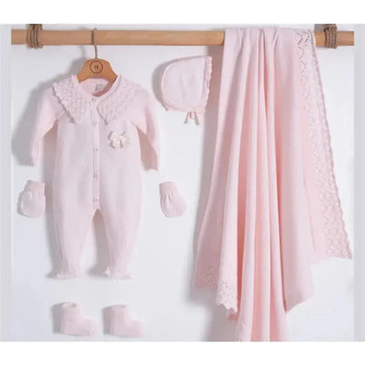 Knitted luxury baby gift set in pink, featuring a romper, hat, mittens, booties, and a blanket with lace details.