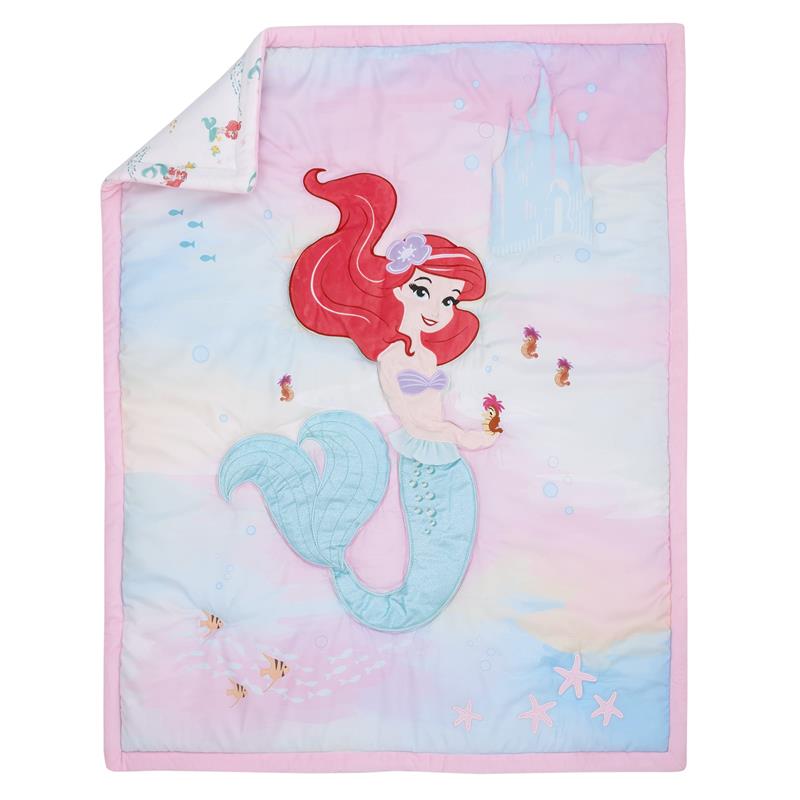 Disney Ariel-themed crib bedding set featuring a colorful quilt with Ariel holding a fish and aquatic elements.