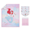 Disney Ariel-themed crib bedding set featuring a quilt with a mermaid design, a patterned crib sheet, and a pink bed skirt.