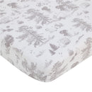 Taupe crib sheet featuring classic Disney characters Winnie the Pooh, Piglet, and Eeyore among trees and nature scenes.