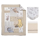 Taupe crib bedding set featuring a quilt with Winnie the Pooh, Piglet, and Eeyore designs, plus coordinating sheets.