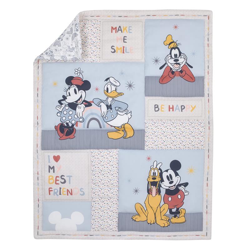 Disney-themed mini crib bedding set featuring Mickey, Minnie, Donald, Goofy, and Pluto with playful text and colorful patterns.