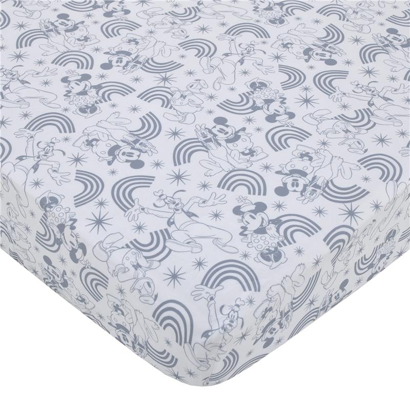 3Pk Disney Mini Crib Bedding Set featuring Mickey & Friends in a gray and white pattern with rainbows and stars.
