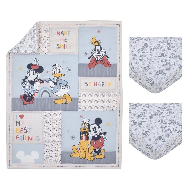 Disney-themed mini crib bedding set featuring Mickey, Minnie, Donald, Goofy, and Pluto with colorful patches and quotes.