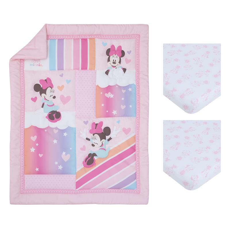 Disney Minnie Mouse Be Happy nursery mini crib bedding set featuring a colorful quilt and two fitted sheets with floral designs.