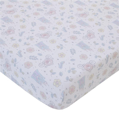 Light blue, pink, and white crib sheet with whimsical Cinderella-themed patterns, featuring castles, flowers, and magical items.
